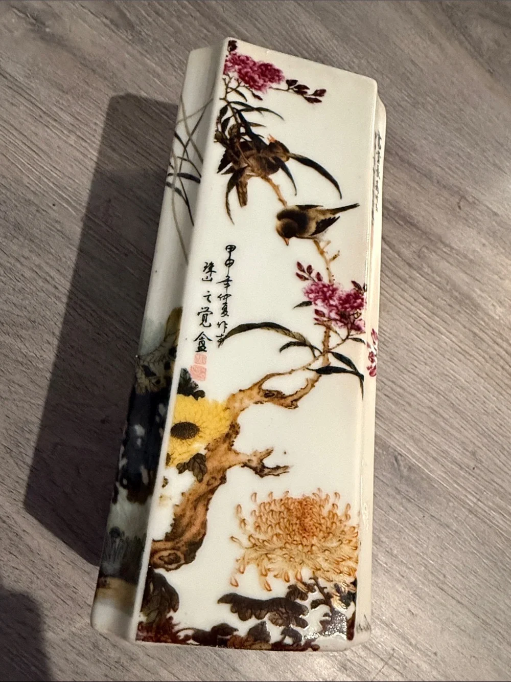Hexagonal Asian Floral Porcelain Vase | Peonies, Birds & Calligraphy 💕